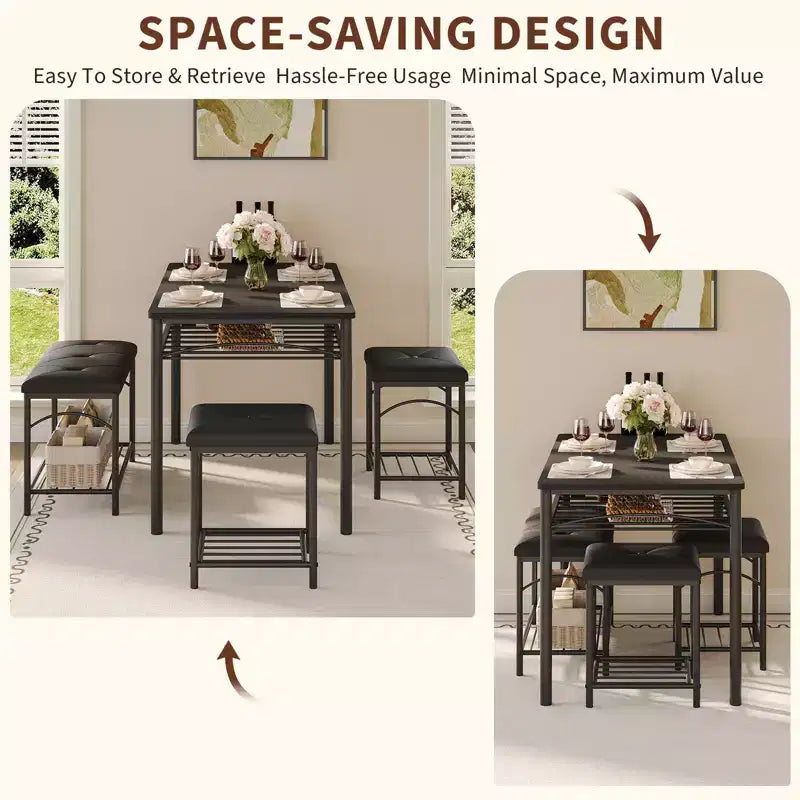 Set da pranzo in 4 pezzi in simil legno nero/marrone e metallo, 4 posti
