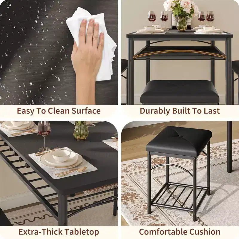 Set da pranzo in 4 pezzi in simil legno nero/marrone e metallo, 4 posti