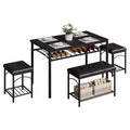 Space-Saving 4-Piece Dining Table Set for 4, Wood Metal Design  Includes Upholstered Bench, 2 Stools, Storage Rack, for Small Apartments, Breakfast