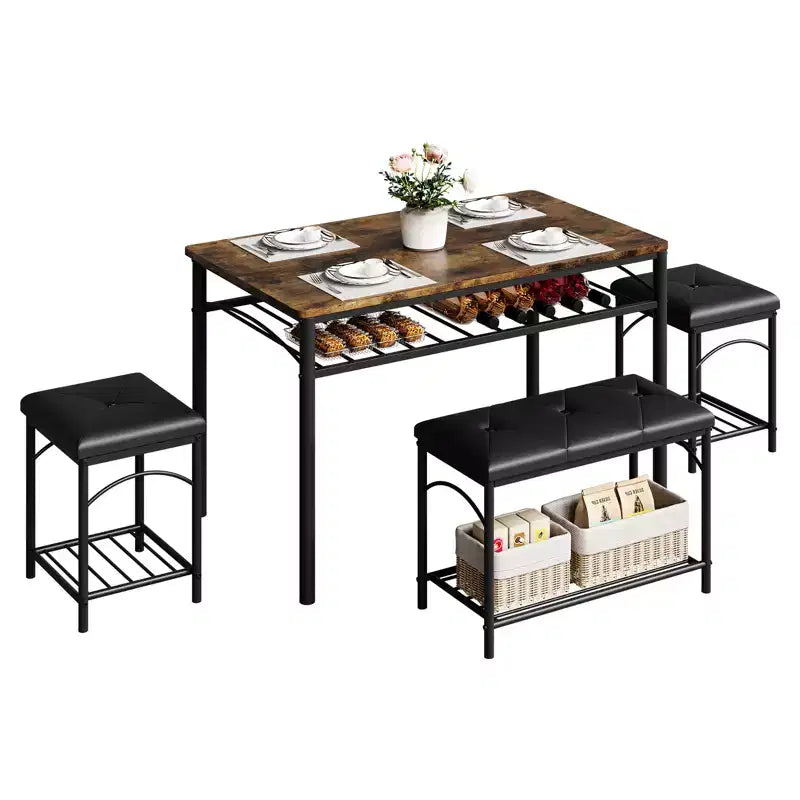 Set da pranzo in 4 pezzi in simil legno nero/marrone e metallo, 4 posti