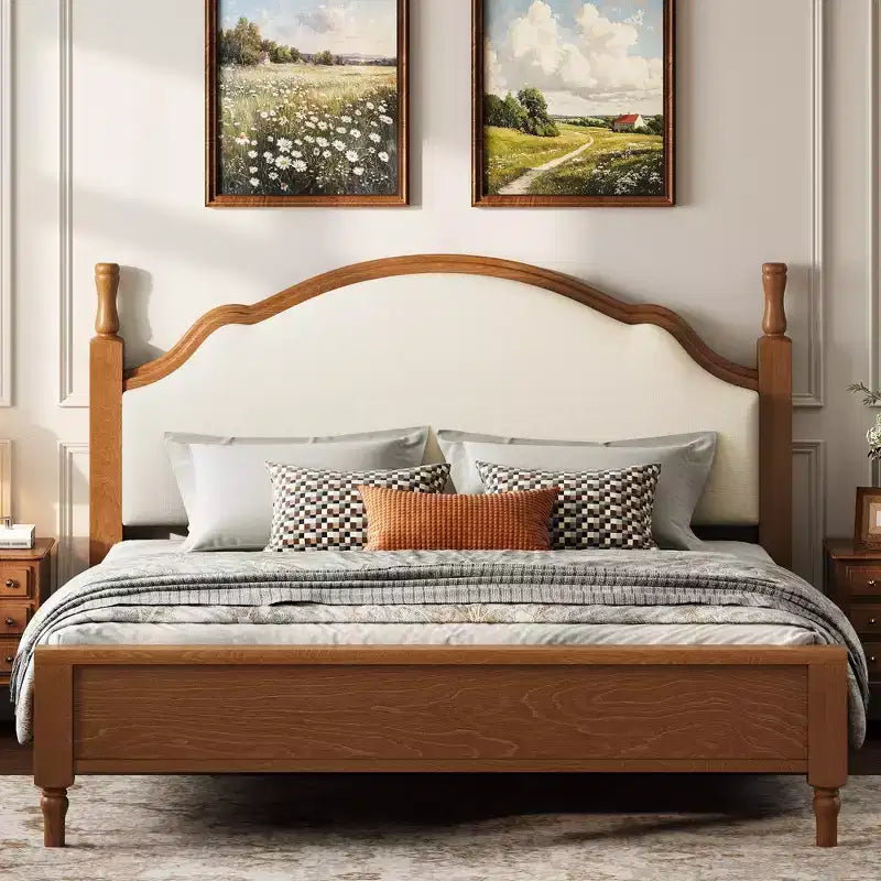 Letto imbottito con base a doghe in legno, colore nero/beige e marrone/beige – Queen/King