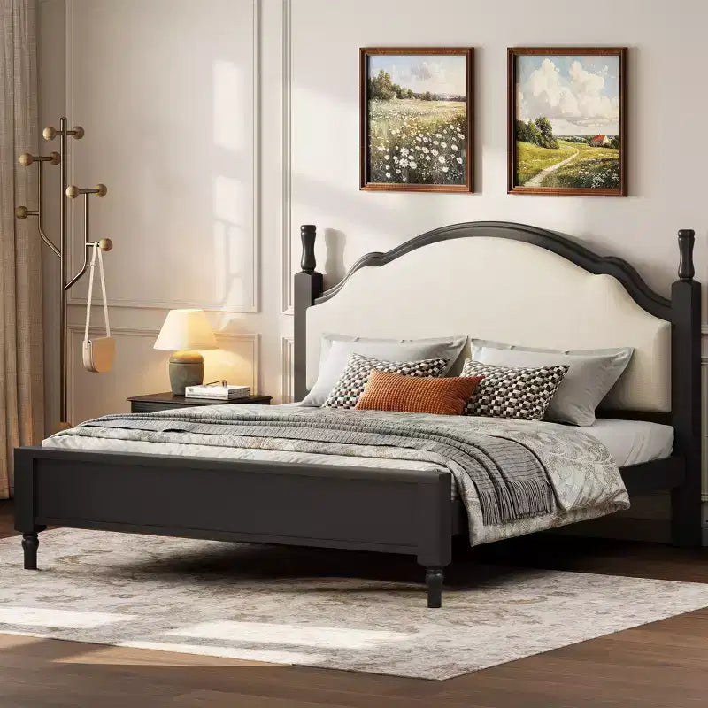 Letto imbottito con base a doghe in legno, colore nero/beige e marrone/beige – Queen/King