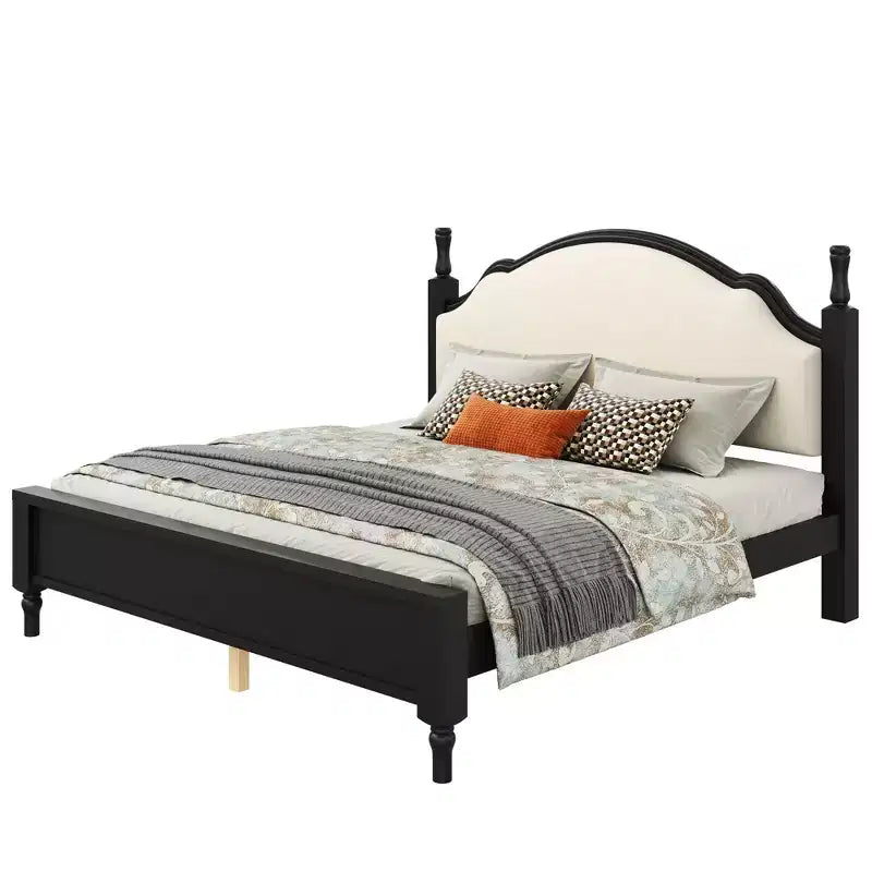 Letto imbottito con base a doghe in legno, colore nero/beige e marrone/beige – Queen/King
