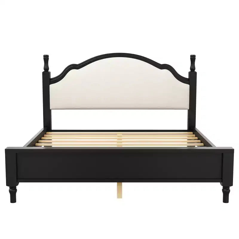 Letto imbottito con base a doghe in legno, colore nero/beige e marrone/beige – Queen/King