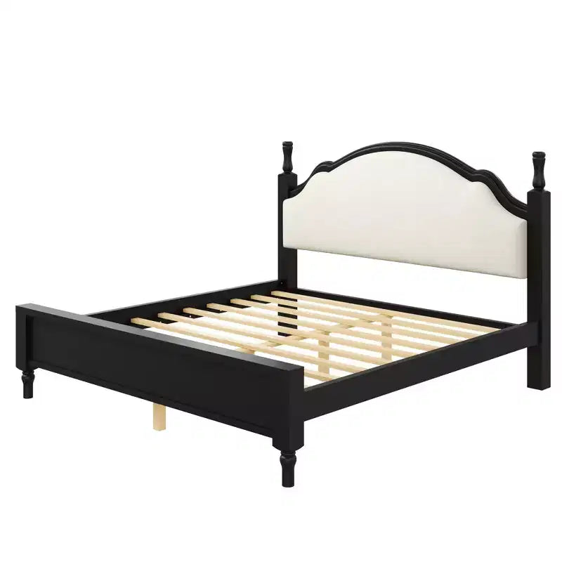 Letto imbottito con base a doghe in legno, colore nero/beige e marrone/beige – Queen/King