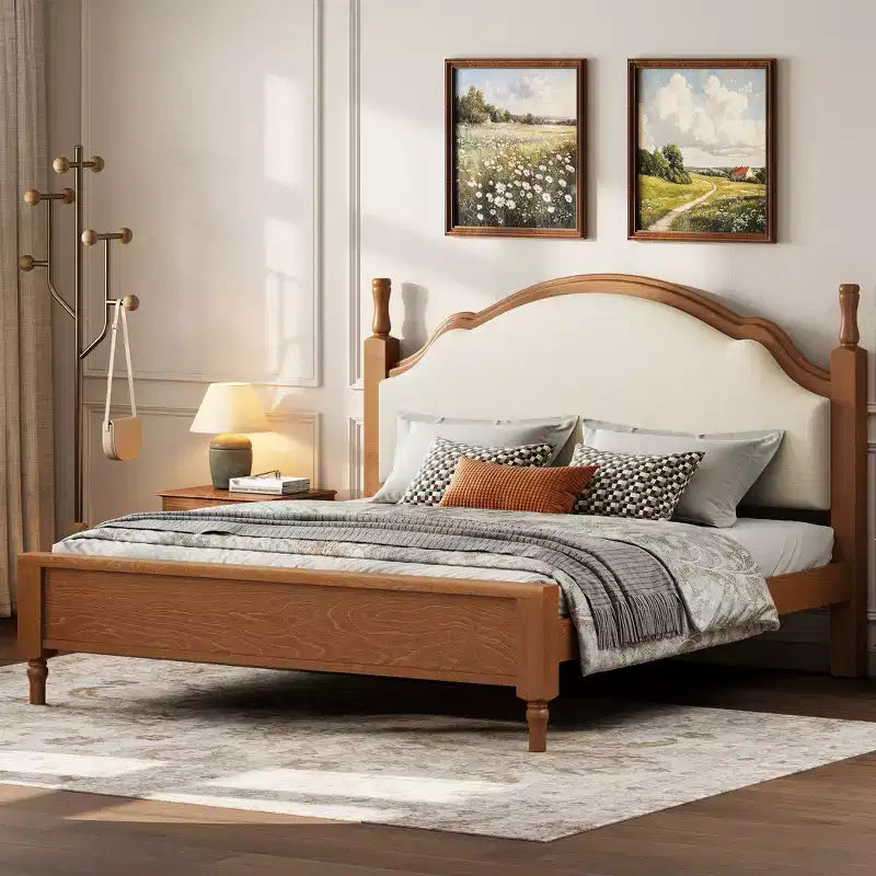 Letto imbottito con base a doghe in legno, colore nero/beige e marrone/beige – Queen/King