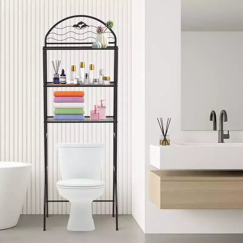 Scaffale nero in ferro a 3 ripiani da appoggiare sopra il WC, autoportante, per bagno a uso singolo