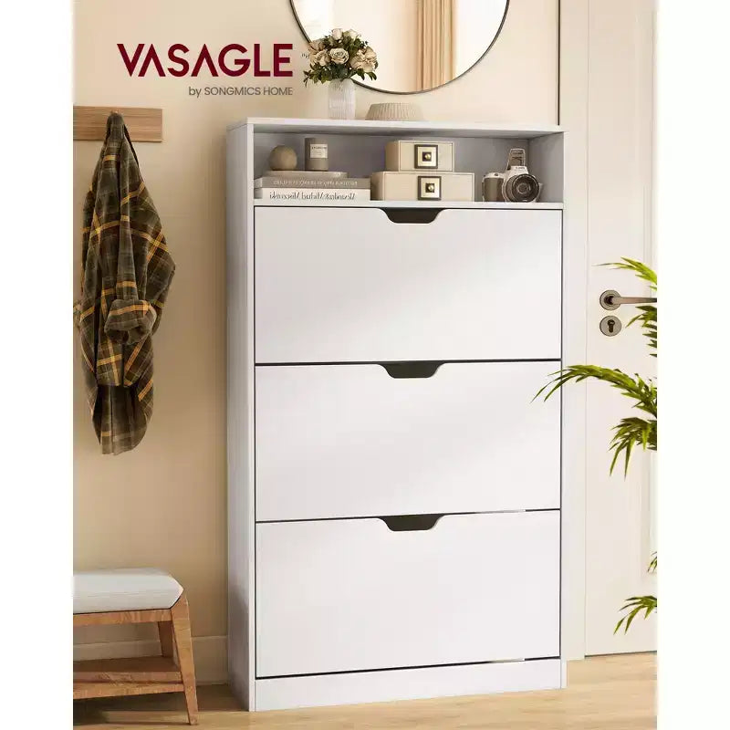 VASAGLE CUSTOS Collection - Shoe Cabinet, Open Compartment, Adjustable and Removable Dividers, 3 Flip Drawers, for 21-24 Pairs, Cloud White