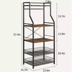 Scaffale da cucina da fornaio nero a 5 ripiani in metallo e MDF con 2 cestelli in filo metallico e 8 ganci