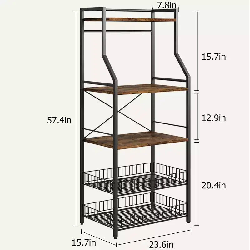 Scaffale da cucina da fornaio nero a 5 ripiani in metallo e MDF con 2 cestelli in filo metallico e 8 ganci