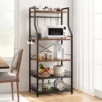 Scaffale da cucina da fornaio nero a 5 ripiani in metallo e MDF con 2 cestelli in filo metallico e 8 ganci