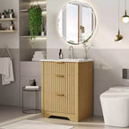 Modern Fluted Freestanding Bathroom Vanity with Basin - 2-Drawer Storage Cabinet with Turn-Down Drawer - Contemporary Wood Finish Set