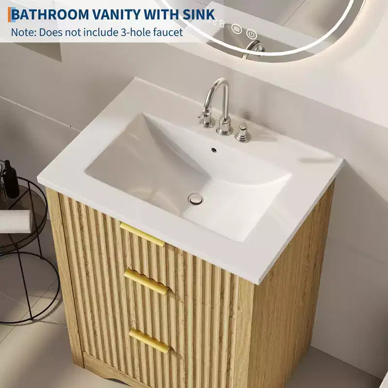 Mobile bagno a piedistallo scanalato bianco con lavabo in ceramica – Singolo, 3 misure