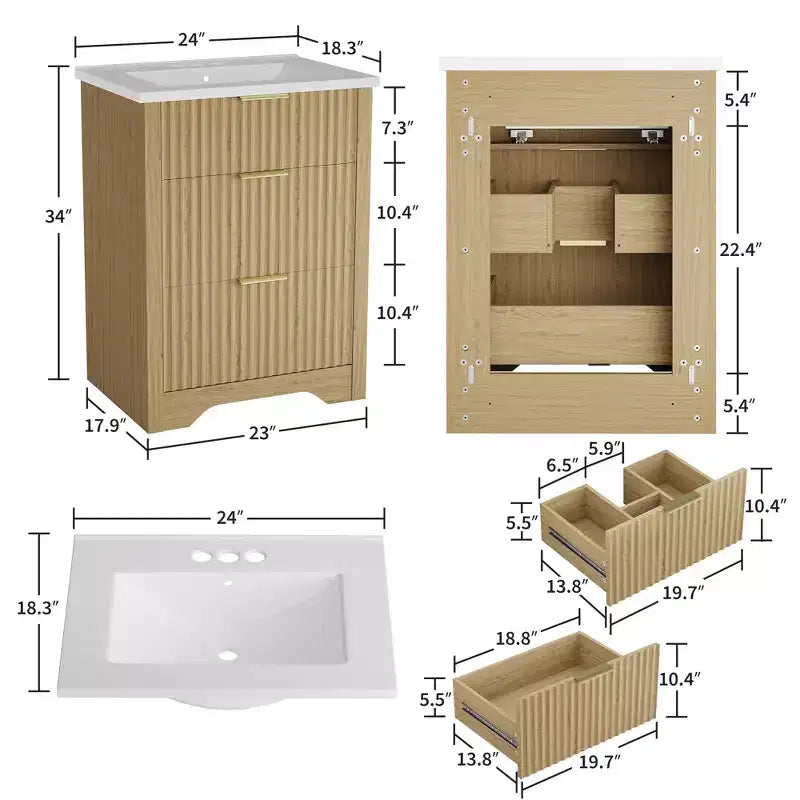 Mobile bagno a piedistallo scanalato bianco con lavabo in ceramica – Singolo, 3 misure