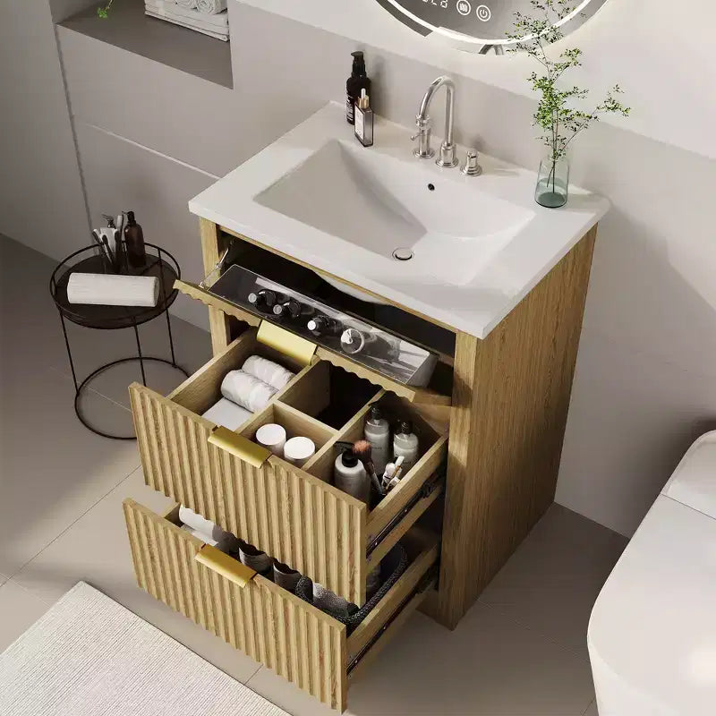 Mobile bagno a piedistallo scanalato bianco con lavabo in ceramica – Singolo, 3 misure