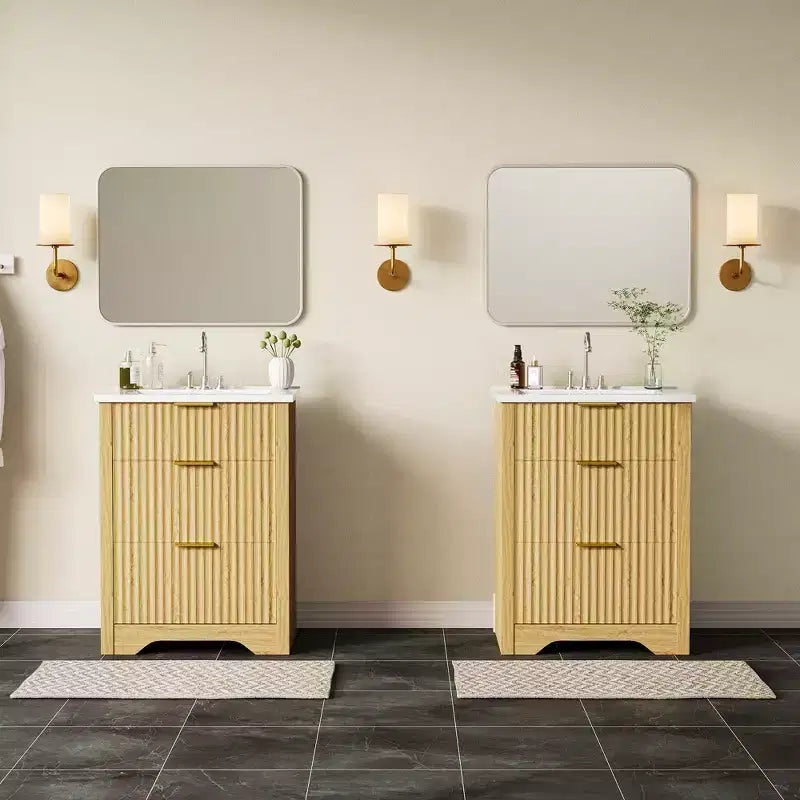 Mobile bagno a piedistallo scanalato bianco con lavabo in ceramica – Singolo, 3 misure