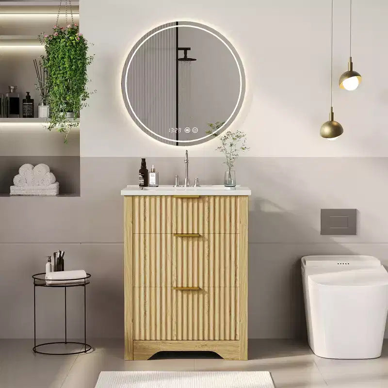 Mobile bagno a piedistallo scanalato bianco con lavabo in ceramica – Singolo, 3 misure