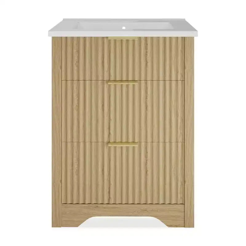 Mobile bagno a piedistallo scanalato bianco con lavabo in ceramica – Singolo, 3 misure