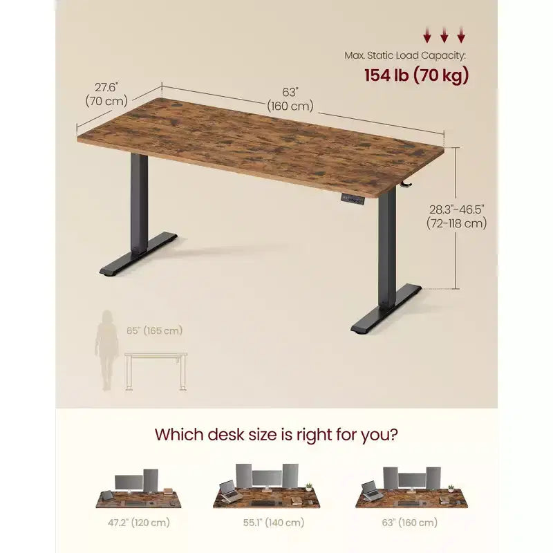 Scrivania elettrica rustica marrone, regolabile in altezza 72-118 cm, 4 preset di memoria, monoposto, 160 x 70 cm