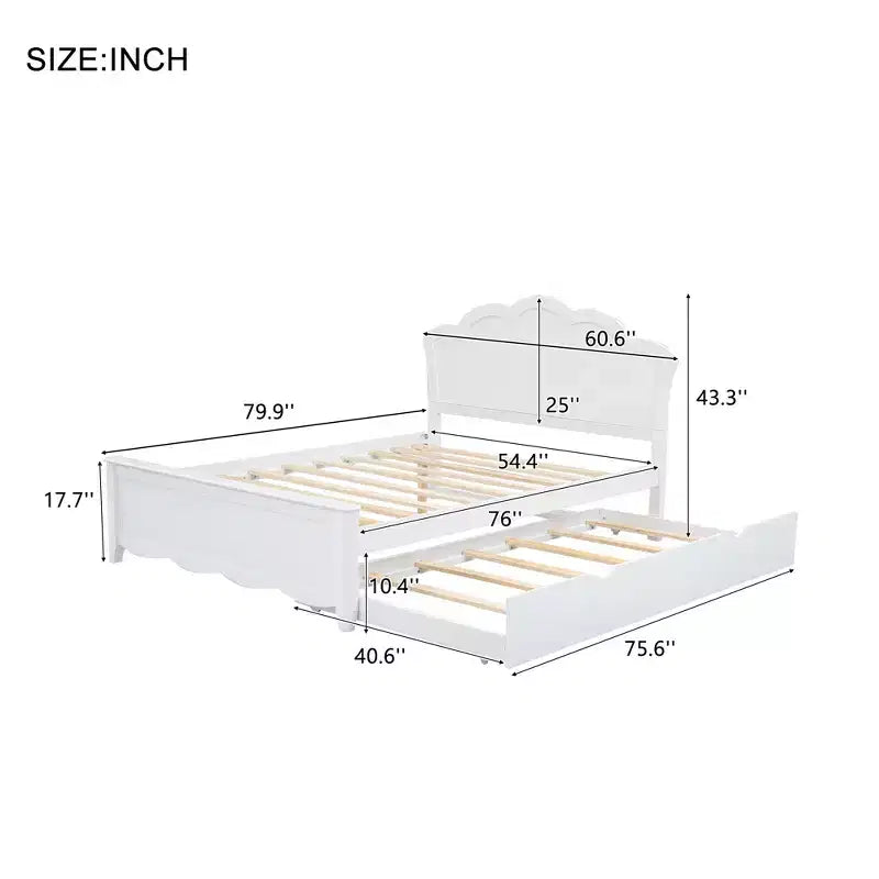 Letto a piattaforma Queen bianco con rotelle a una piazza e mezza, per 2+1 persone