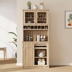 Credenza rustica autoportante con cristalliera, armadio alto da cucina con portabottiglie e ripiani regolabili per sala da pranzo