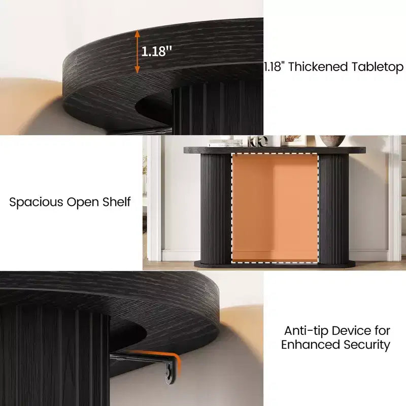 Consolle ovale con scanalature colore nero/noce/legno 42,5" – Ripiano aperto, montaggio da 1 persona