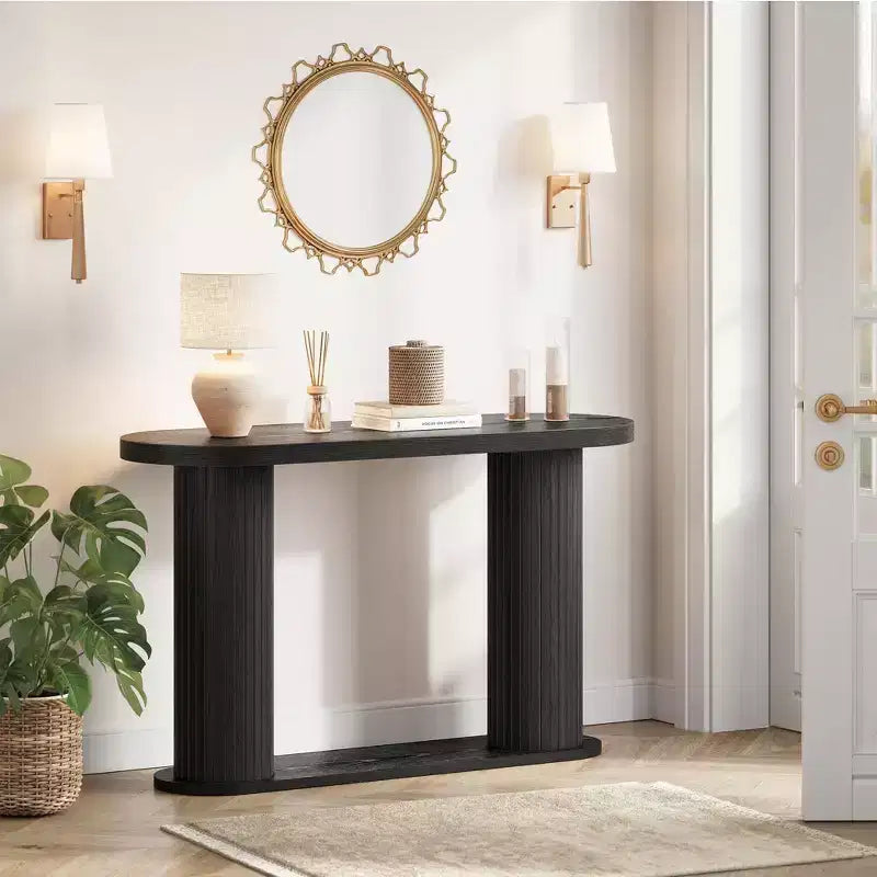 Consolle ovale con scanalature colore nero/noce/legno 42,5" – Ripiano aperto, montaggio da 1 persona