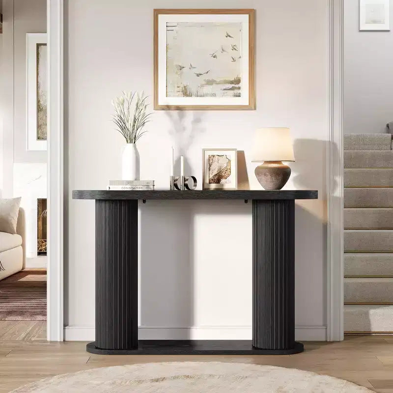 Consolle ovale con scanalature colore nero/noce/legno 42,5" – Ripiano aperto, montaggio da 1 persona