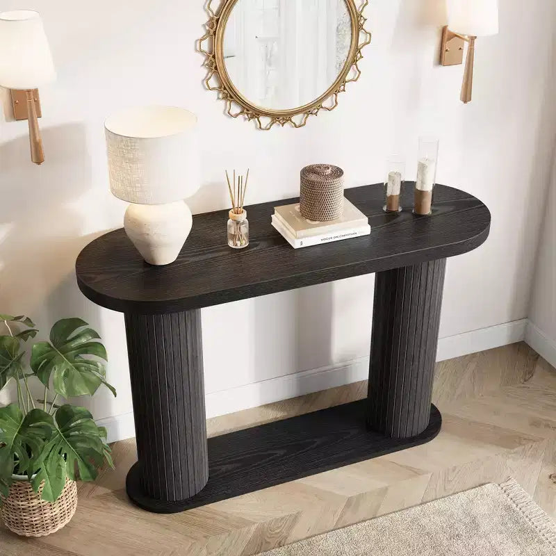 Consolle ovale con scanalature colore nero/noce/legno 42,5" – Ripiano aperto, montaggio da 1 persona