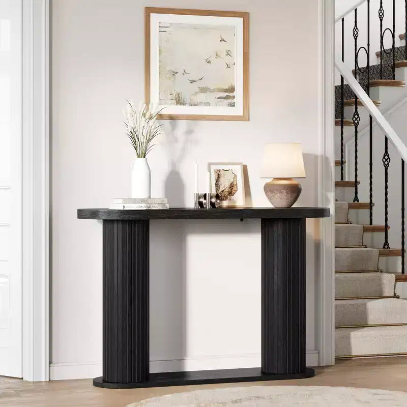 Consolle ovale con scanalature colore nero/noce/legno 42,5" – Ripiano aperto, montaggio da 1 persona