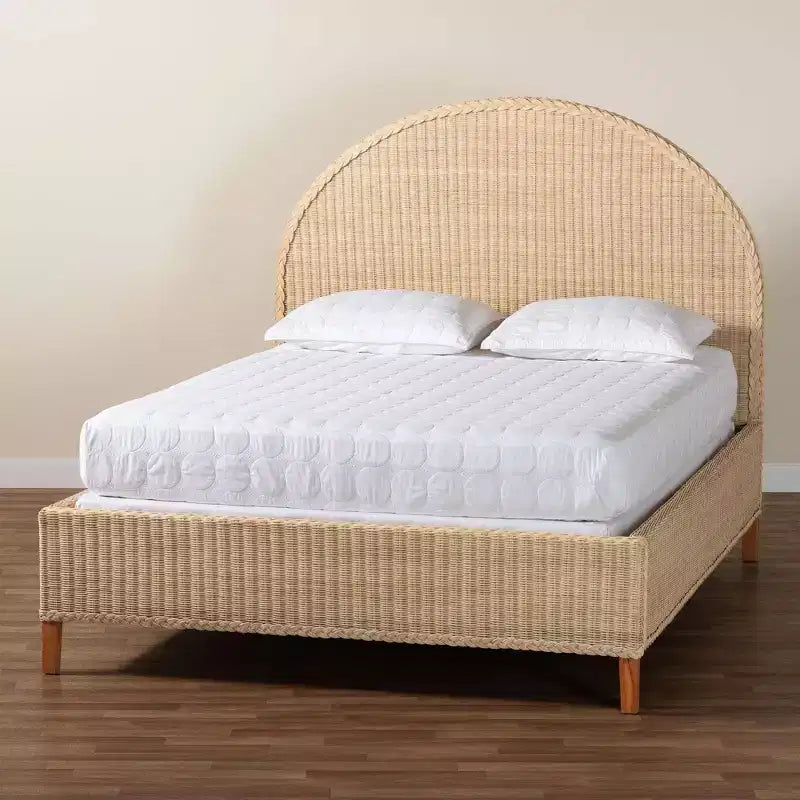 Letto matrimoniale Queen in rattan sbiancato dal sole – Stile Japandi, 2 posti letto