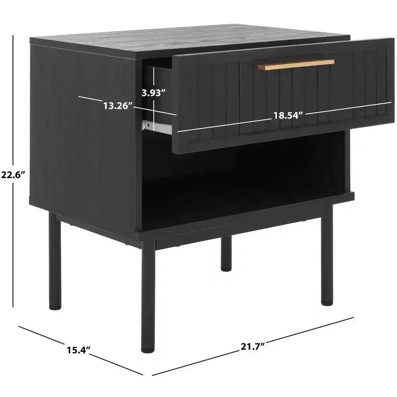 Comodino nero/nero a 1 cassetto con ripiano aperto, singolo