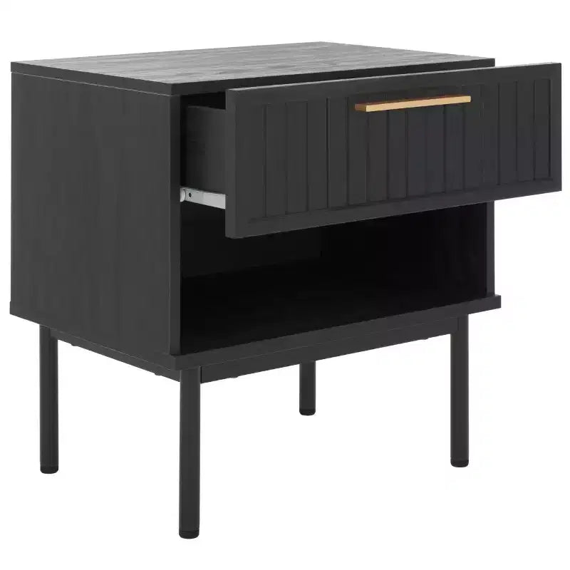 Comodino nero/nero a 1 cassetto con ripiano aperto, singolo