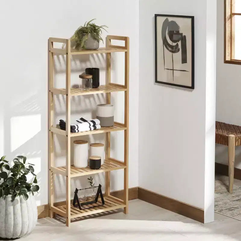 Libreria a scaletta a 5 ripiani in bambù naturale