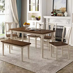 6-Piece Retro Dining Set with 1 Wooden Dining Table, 4 Chairs and 1 Bench, Brown+White - ModernLuxe