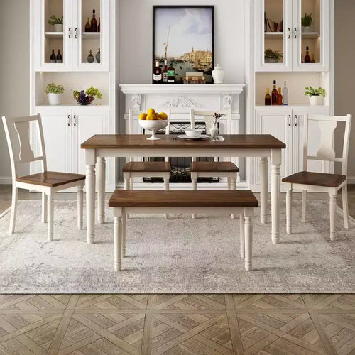 Set da pranzo retrò da 6 pezzi, marrone e bianco, 6 posti – Tavolo, 4 sedie e panca