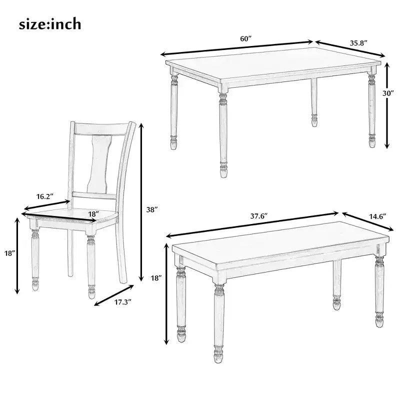 Set da pranzo retrò da 6 pezzi, marrone e bianco, 6 posti – Tavolo, 4 sedie e panca