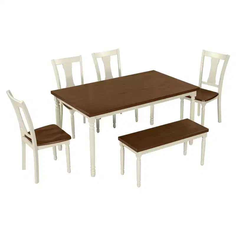 Set da pranzo retrò da 6 pezzi, marrone e bianco, 6 posti – Tavolo, 4 sedie e panca