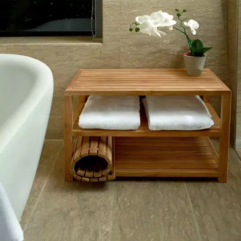 Nordic Teak 28 or 40 Natural Shower and Spa/Bathroom/Outdoor - Storage Bench with Shelves -Beige