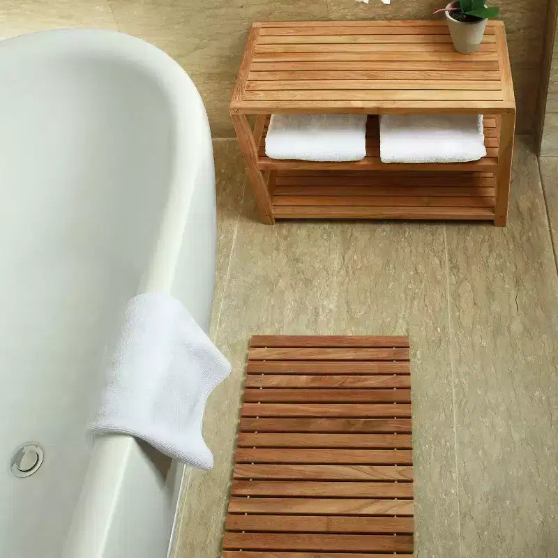 Panca Contenitore Rettangolare in Teak Naturale con Ripiano, 2 Posti, Misura 28/40