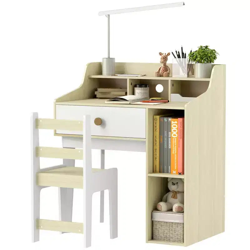 Qaba Kids Desk and Chair Set, Student Desk and Chair Set with Storage Shelves, Drawer, Kids Study Desk and Chair Set for 3-10 Years, White